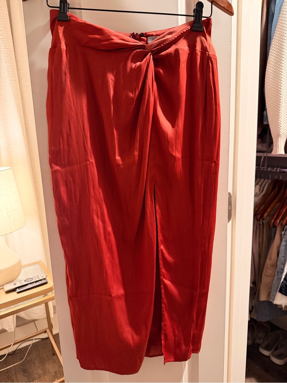 Tart Burnt Orange Twist-Front Midi Skirt with Front Slit